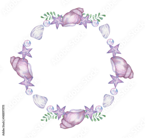 The frame is watercolor, made of watercolor seaweed and shells, starfish and pearls. Hand-drawn, isolated on a white background. for invitations, weddings.