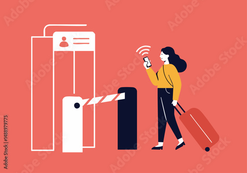 A woman uses voice authentication at a modern security gate. Clean lines, bright colors, and a focus on digital access. Secure access, technology, and modern design.