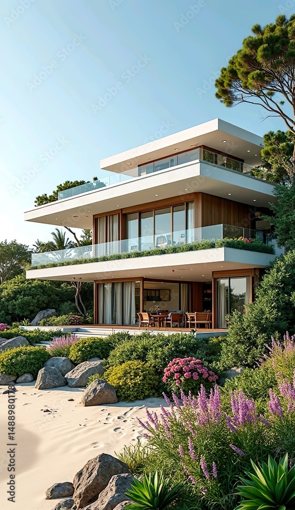 Fototapeta premium house, building, architecture, home, palm, tree, garden, hotel, sky, villa, luxury, travel, summer, california, residence, tropical, exterior, florida, vacation, trees, landscape, resort, flowers, est