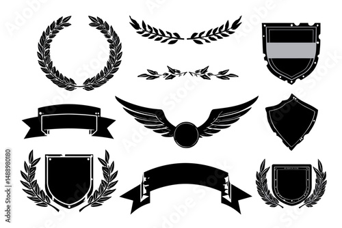 Laurel Wreath Shield Wing Ribbon Banner Vector Set Awards Heraldry Logos Badges Branding Design Elements