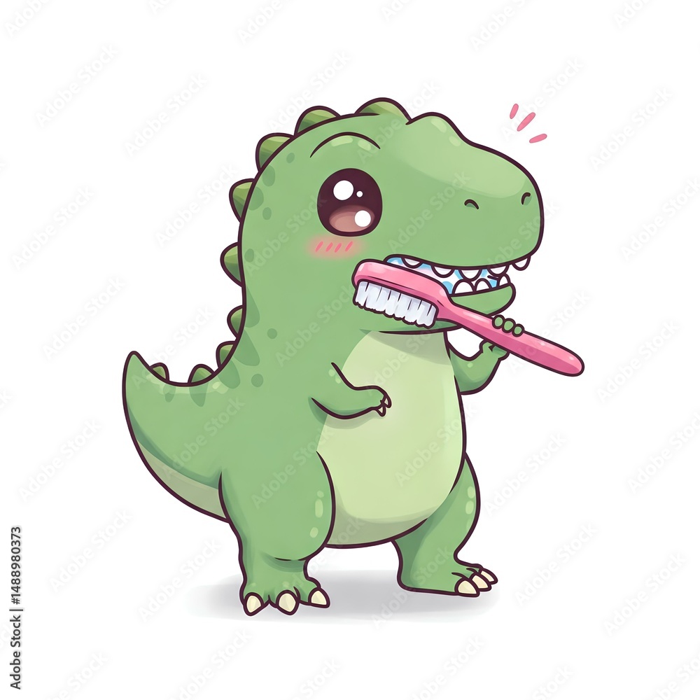 Obraz premium Adorable green dinosaur cartoon character diligently brushing its teeth with a pink toothbrush, showcasing excellent oral hygiene habits for children's dental care education and cute illustrations.