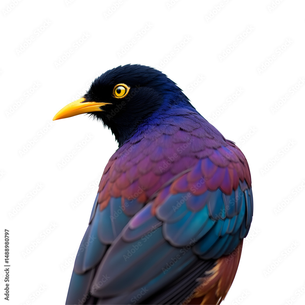 Fototapeta premium A Captivating Portrait of a Violet-backed Starling Showcasing its Iridescent Plumage and Striking Yellow Eye on a Isolated