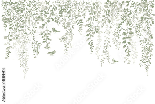 Watercolor Mural with Delicate Leaves, Flowers, Vines, and Birds Vector Illustration