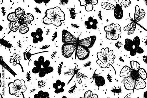 Seamless Floral Pattern with Butterfly Bee Dragonfly Bug Black Silhouette Vintage Insect Vector Background