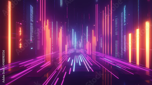 Wallpaper Mural A vibrant audio waveform visualizes sound data with glowing bars, creating a dynamic digital aesthetic. [Subterranean Echo] | Echoform Light | glowing sound. Illustration Torontodigital.ca