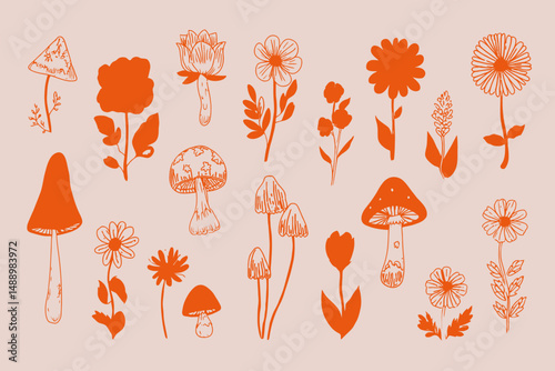 Colorful Groovy Flowers Mushrooms 60s 70s Vintage Hippie Psychedelic Seventies Stickers Vector Illustrations