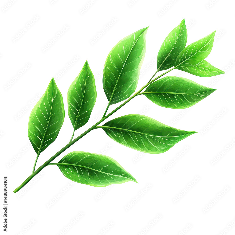 Obraz premium Vibrant green leaves illustrating lush foliage on a clean white background for design inspiration, illustrationgreen leaves on isolated on white background