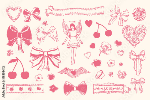 Set of Cute Coquette Bows, Ribbons, Flowers, Hearts, and Angels Vintage Line Art Cliparts in Pastel Pink
