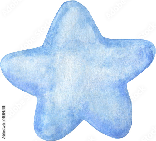 Watercolor illustration of a delicate blue star on a white background, hand-drawn.For children's wallpapers, clothes,invitations, birthdays and checkouts.For babies.