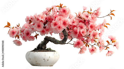 Blooming Pink Bonsai Tree in White Pot Asian Floral Decoration Spring Blossom Nature Photogr