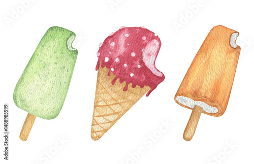 A summer set for ice cream in watercolor. A watercolor-painted, nibbled ice cream in a waffle tube and on a stick in pink, yellow and green shades on a white background.