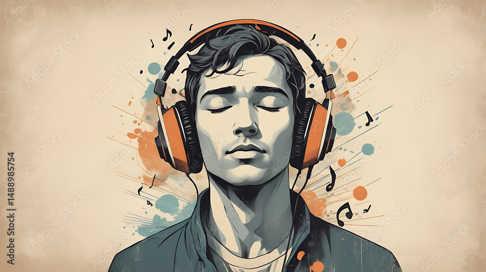 Obraz premium Vector art of a modern man lost in music with over-ear headphones, eyes closed in a peaceful expression, vintage textured background.