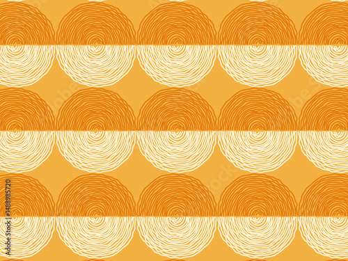 Seamless pattern of spiral half circles in warm orange tones. Organic and stylish look for wallpapers, branding and digital backdrops. Abstract tribal print in warm tones for fabric and backdrops.