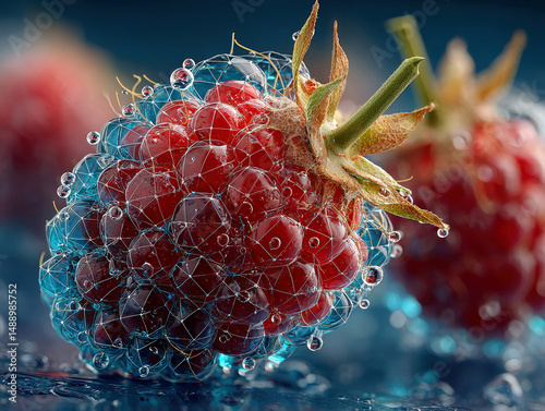 Close-up view of dyed blue raspberries on a surface, each berry detailed with visible seeds and individual variations Soft lighting, minimalistic background, haphazard arrangement crea - AI-Generated