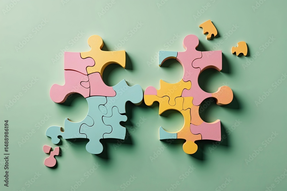 Obraz premium Innovative Puzzle Pieces Merging on Pastel Green Background Representing Collaboration and Creative Solutions