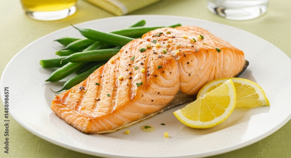 Cooked salmon fillet served with green beans and lemon slices on a white plate representing a healthy, nutritious dinner or lunch meal ideal for a balanced nutrition diet plan. Cooked salmon fillet served with green beans and lemon slices on a white plate representing a healthy, nutritious dinner or lunch meal ideal for a balanced nutrition diet plan.