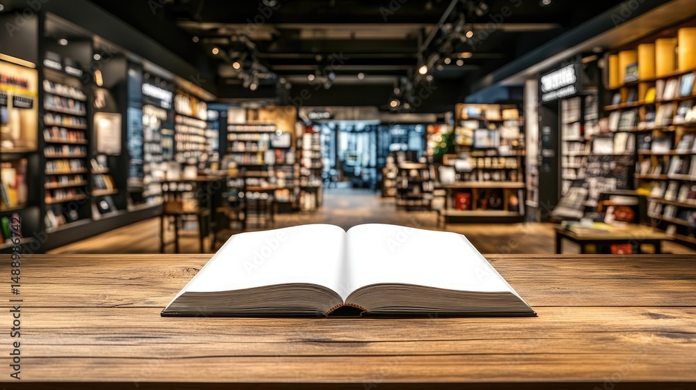 Fototapeta premium Open book rests on a wooden table inside a bookstore.
