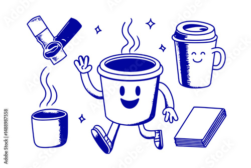 Funny cartoon mascot coffee cup vector logo design template graphic elements for advertising branding posters banners print and stickers