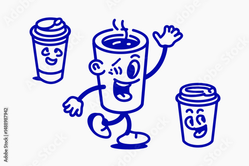 Funny cartoon coffee cup mascot vector logo design template graphic elements for advertising branding posters banners print and stickers