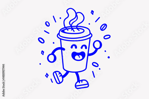 Funny Coffee Cup Mascot Vector Logo Design Template with Smiling Character for Branding Stickers and Posters