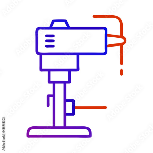 Drill press icon in metallurgy and production, outline design, blue and red colors, copy space