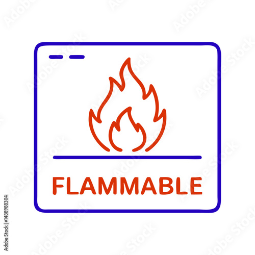 Flammable sign icon in metallurgy and production, outline design, blue and red colors, copy space