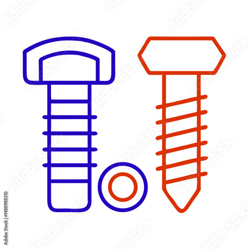 Bolts and nuts icon in metallurgy and production, outline design, blue and red colors, copy space