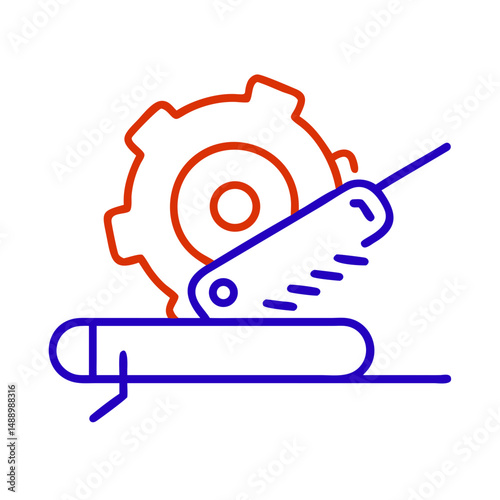Cutting saw icon in metallurgy and production, outline design, blue and red colors, copy space