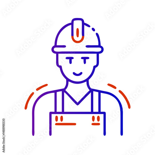 Foundry worker icon in metallurgy and production, outline design, blue and red colors, copy space