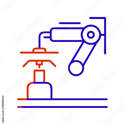 Industrial robot icon in metallurgy and production, outline design, blue and red colors, copy space