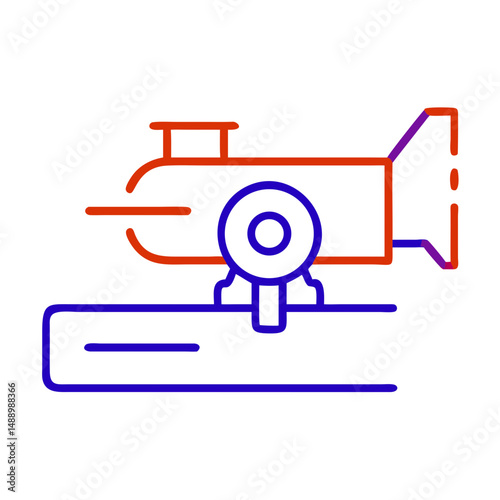 Lathe tool icon in metallurgy and production, outline design, blue and red colors, copy space