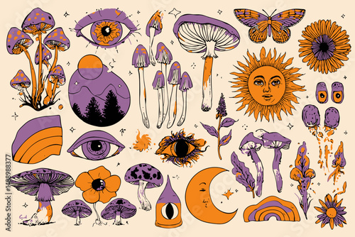 60s 70s Psychedelic Vector Set Retro Groovy Mushrooms Flowers Eyes Sun Moon Butterfly Boho Stickers