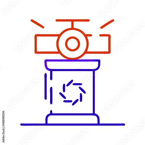 Milling cutter icon in metallurgy and production, outline design, blue and red colors, copy space