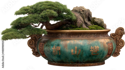 Bonsai Tree in Ornate Pot Green and Brown Decor Asian Style Home Decor Zen Garden