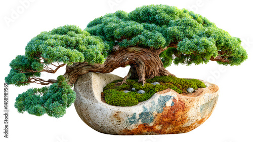 Bonsai Tree Miniature Conifer Green Foliage Stone Pot Nature Photography Zen Garden Japan