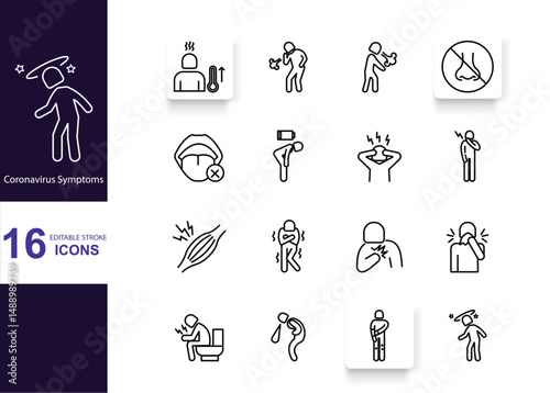 This icon set illustrates 16 common symptoms of coronavirus (COVID-19) in a clean thin line style. Each icon represents a specific physical or neurological symptom, including fever, cough, dizziness.