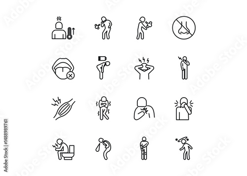 This icon set illustrates 16 common symptoms of coronavirus (COVID-19) in a clean thin line style. Each icon represents a specific physical or neurological symptom, including fever, cough, dizziness.