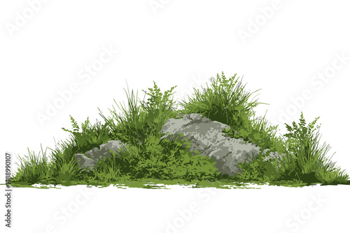 Watercolor Grass with Rock Vector for Landscape Architecture Garden Environment Botanical Section Meadows Moss Green Area Elements
