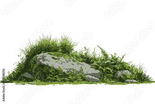 Watercolor Grass with Rock Vector for Landscape Architecture Garden Environment Botanical Section Meadows Moss Green Area Elements