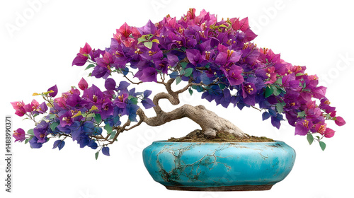 Bonsai Tree with Purple and Pink Flowers in a Blue Pot