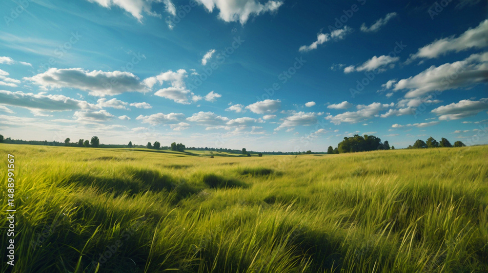 Fototapeta premium image of a green meadow in a large area with accompanied by a bright blue sky