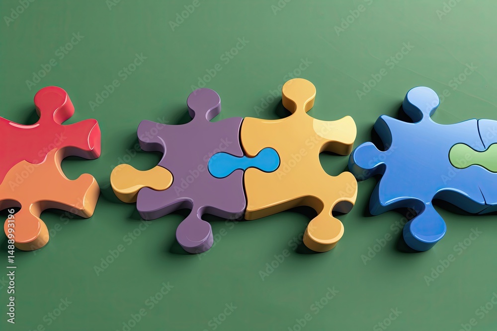 Obraz premium Puzzle Pieces Connecting in Collaboration on a Green Background - Teamwork and Problem Resolution Illustration