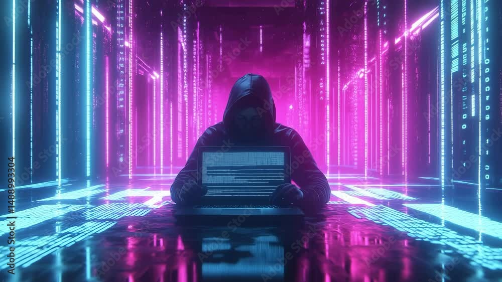 サイバーパンク空間でハッキングするフード姿の人物 サイバーパンク空間でハッキングするフード姿の人物
