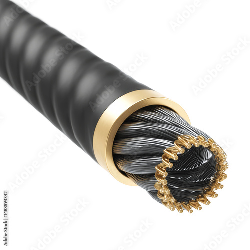 Close-up of a durable industrial cable with a protective black outer sheath and a brass fitting