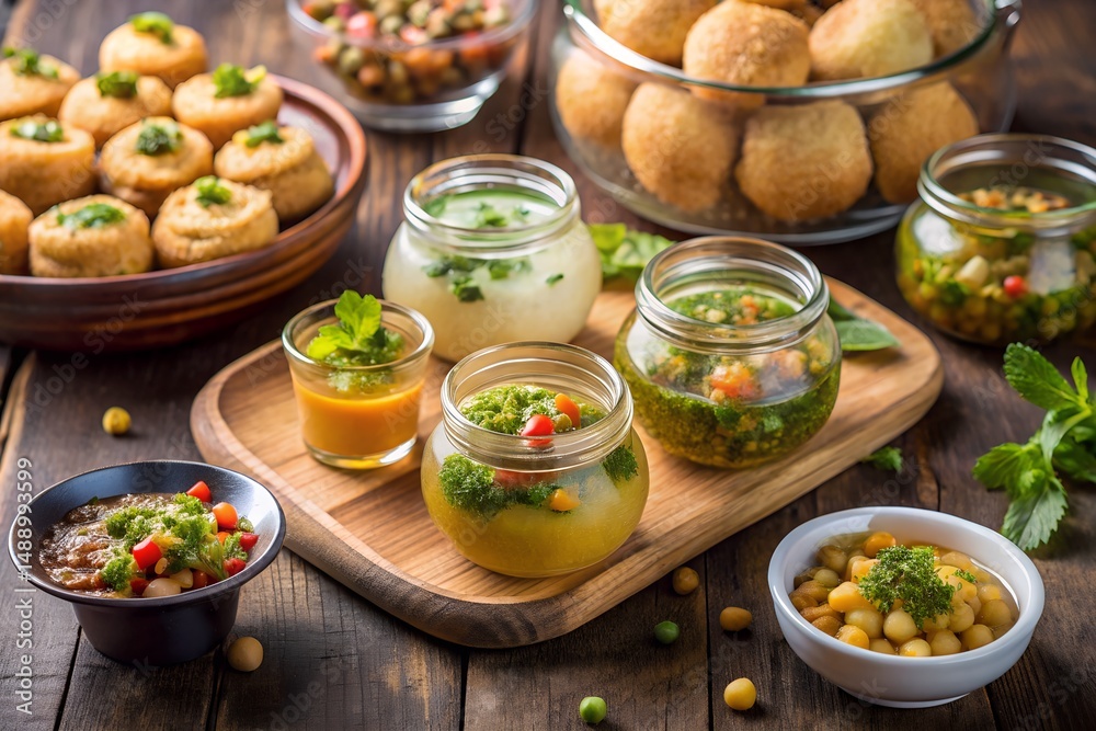 Pani Puri Setup with Glass Jars Filled with Flavor Pani Puri Setup with Glass Jars Filled with Flavor