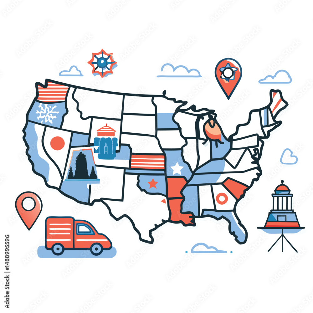 Obraz premium Illustrative Map Depicting the Geographic Zones of the United States