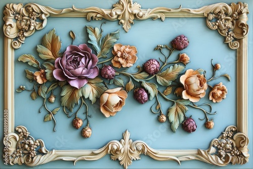 Ornate floral relief sculpture on a light blue background.