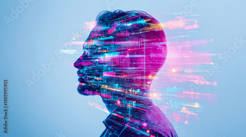 Concept: Digital Identity, Illustration of abstract human head with data streams inside, representing AI, future tech or innovative mind