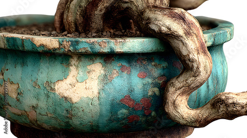 Closeup of aged bonsai in a weathered pot