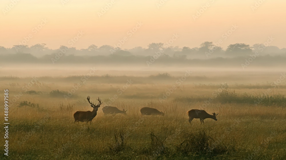 Naklejka premium Three Deer Grazing in a Foggy Meadow at Sunrise